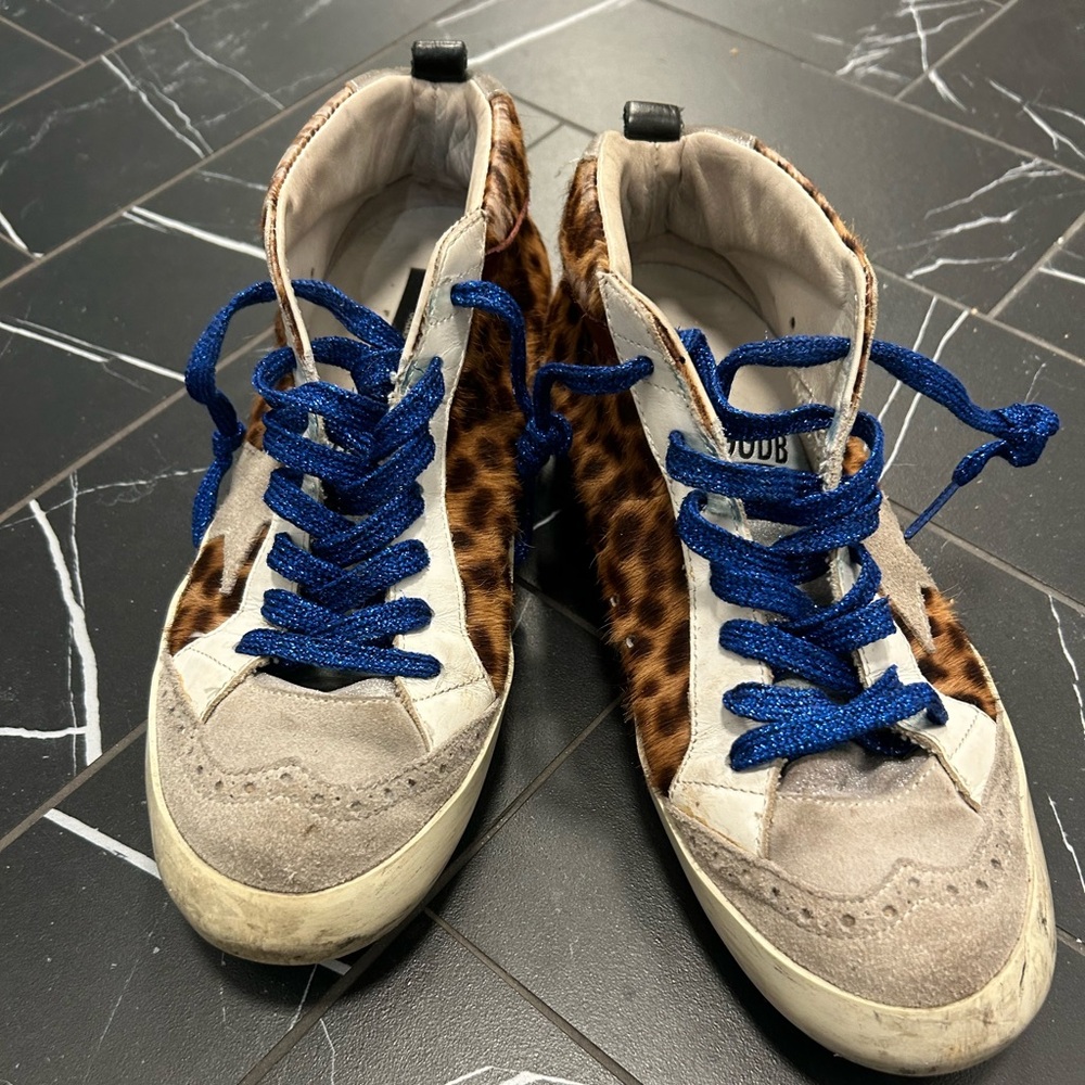 Golden Goose Leopard Print Mid Star Sneakers w/ Blue Lace. Shoe bag included